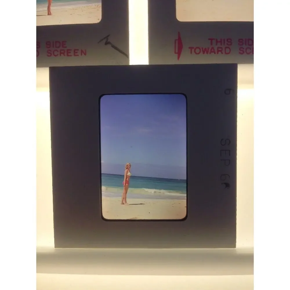Lot 3 Vtg 60s Pinup Bikini Sexy Woman on Beach Ocean Photograph Color Slides